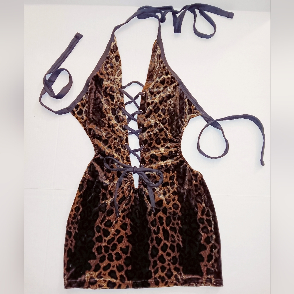 Leopard Animal Print Lace Up Plunge Women Halter Mini Dress Backless Velvety